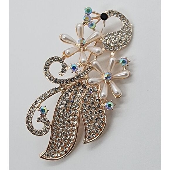 Peacock Brooch Faux Pearl and Rhinestone Lightweight Pretty Neutral Coloring - Picture 1 of 4